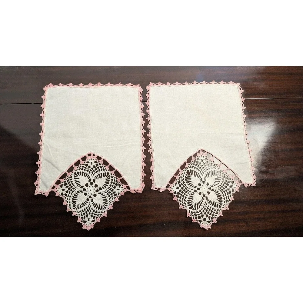 Vintage Pink Crochet Linen Table Runner Set Handmade Lace Napkins Doily 6pc